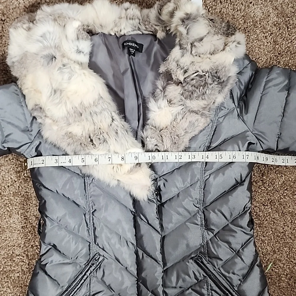 Bebe Rabbit Fur Trimmed Silver Puffer Jacket Coat